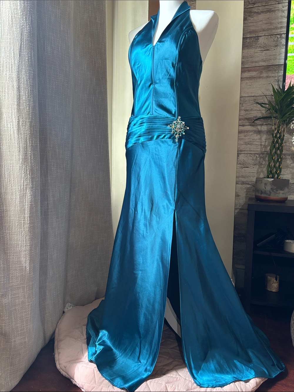 Cinderella Teal Backless Halter Evening Gown with Brooch